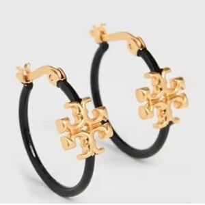 Tory Burch Black Enamel & Gold Hoop Earrings- NWT